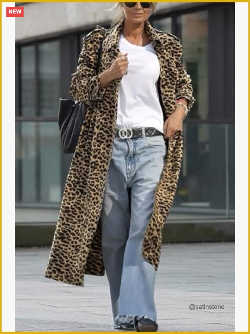 Faux Suede Notch Lapel Leopard Print Duster Trench Coat Loose Pea Coat - Picture 3 of 7
